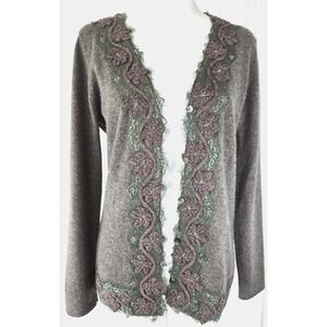 Tory Burch Soft Cashmere Sweater Cardigan Floral Lace Hem Brown Grey Quiet Luxur